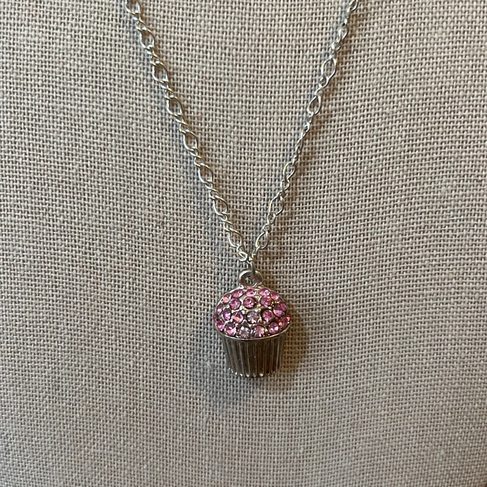 Pink Cubic Zirconia Cupcake Charm Pendant Necklace - Picture 2 of 5
